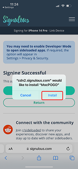 confirm install mocpogo ios