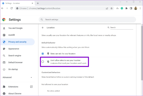 disable location services on chrome