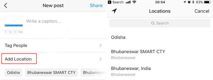 instagram app add location