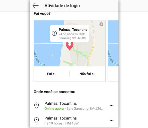 atividade de login Instagram localização errada