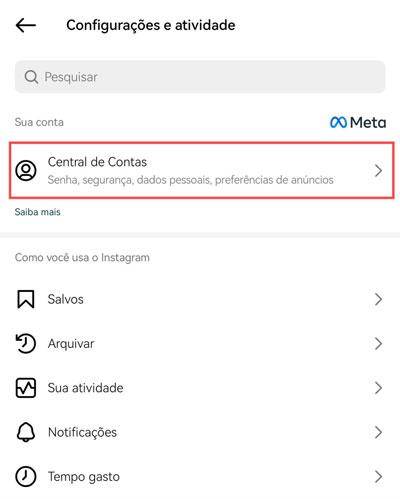central de contas Instagram celular