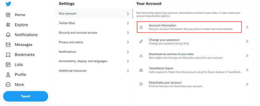 click account information twitter