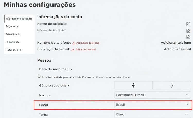 Configurações da Conta do Roblox