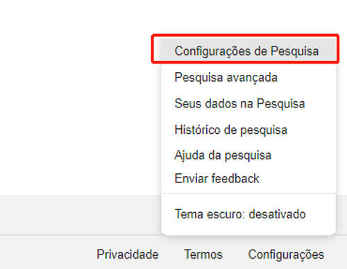 configuração de pesquisa Google