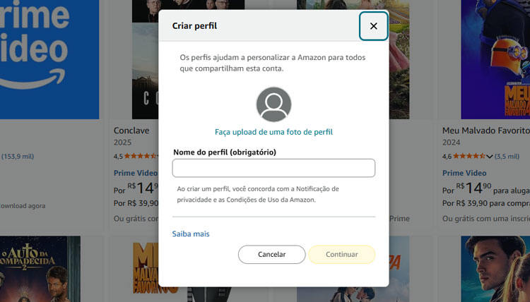 Criar uma nova conta Prime video