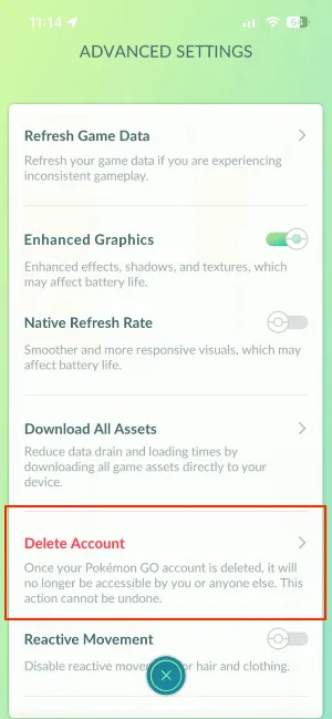 delete account via pokemon go app