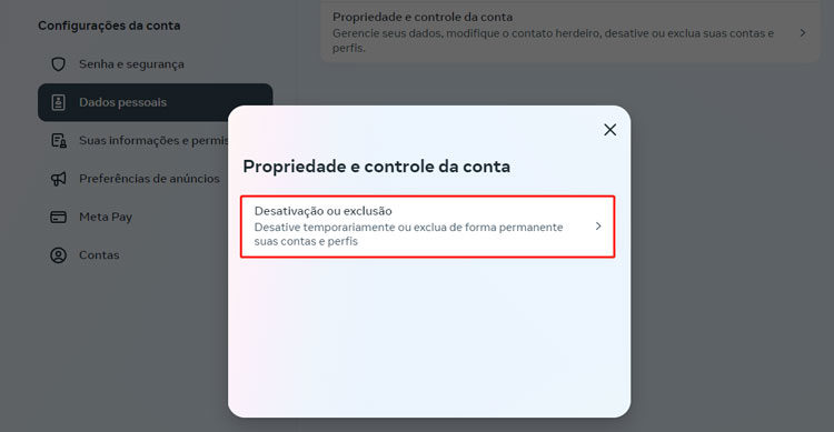 desativação ou exclusão no Instagram no PC