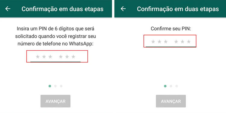 digite seu pin whatsapp