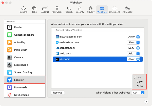 disable location services on safari