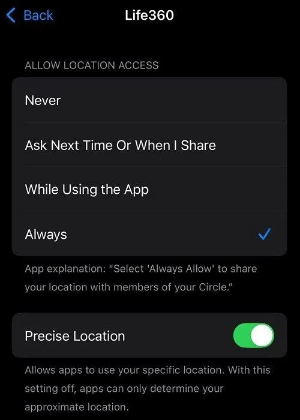 disable life360 location permission iphone