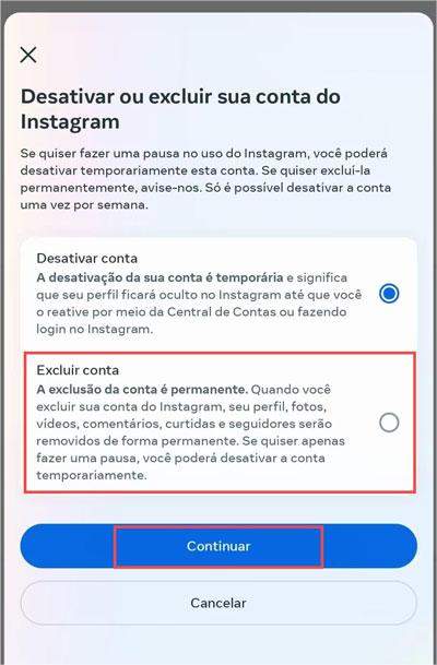 excluir conta de Instagram celular