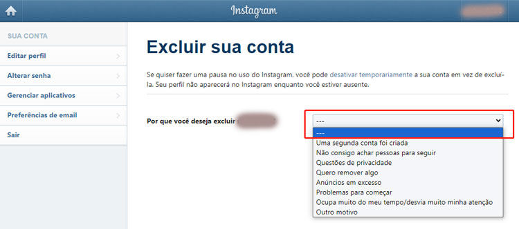 excluir conta de Instagram no site oficial excluído
