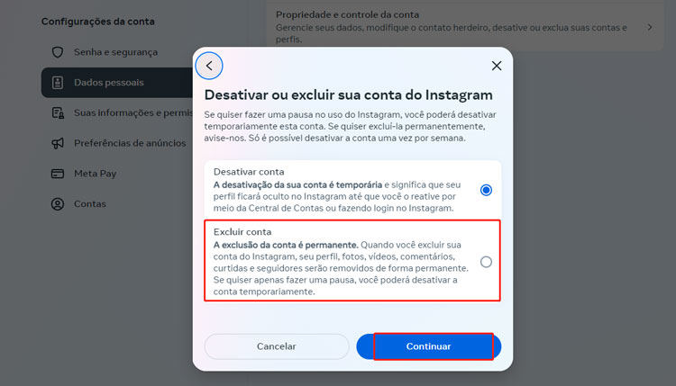 excluir conta de Instagram PC