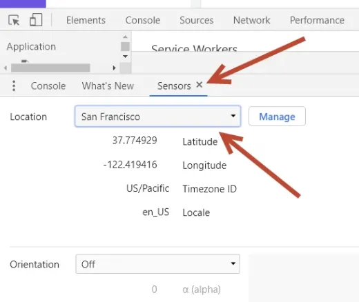 fake chrome location via DevTools