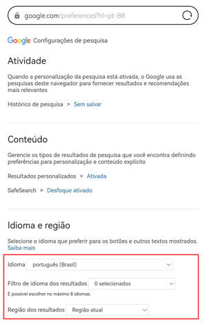 idioma região-Google celular
