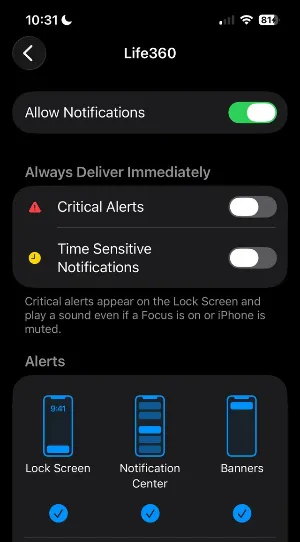 life360 check allow notifications