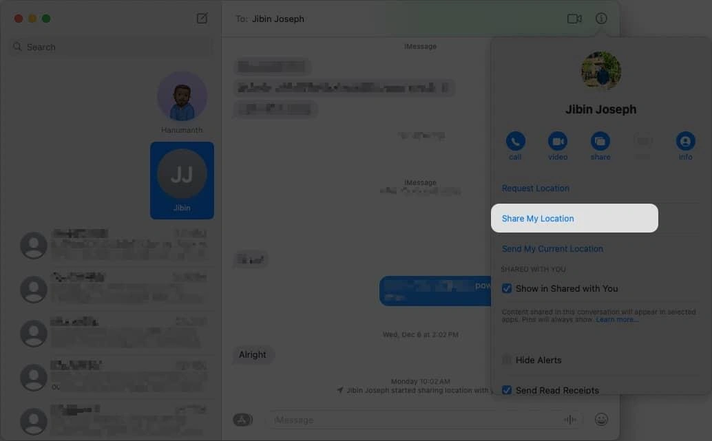 live location sharing via messages