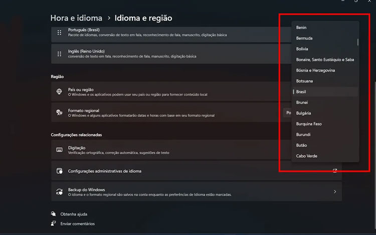 Escolhar região na conta da Microsoft