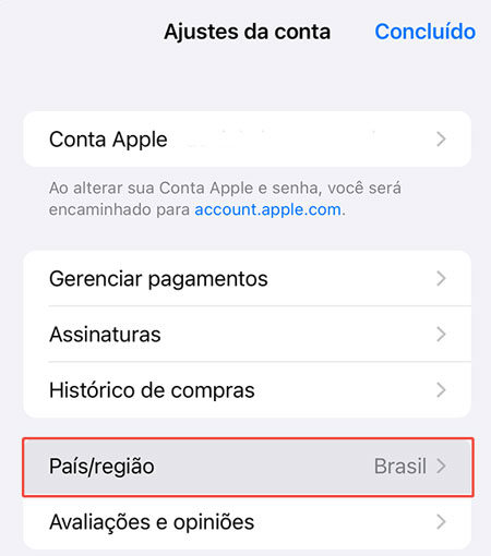 mudar região do Apple ID