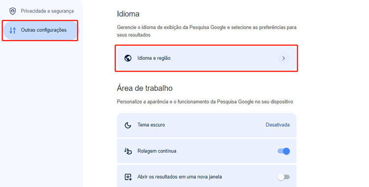 outras configurações Google pc