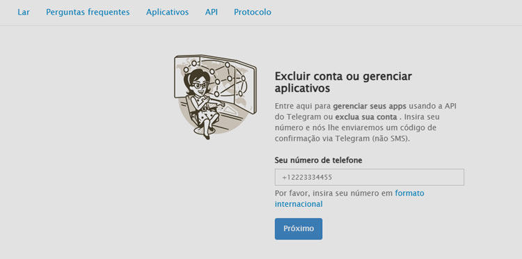 acessar a página de exclusão oficial do Telegram