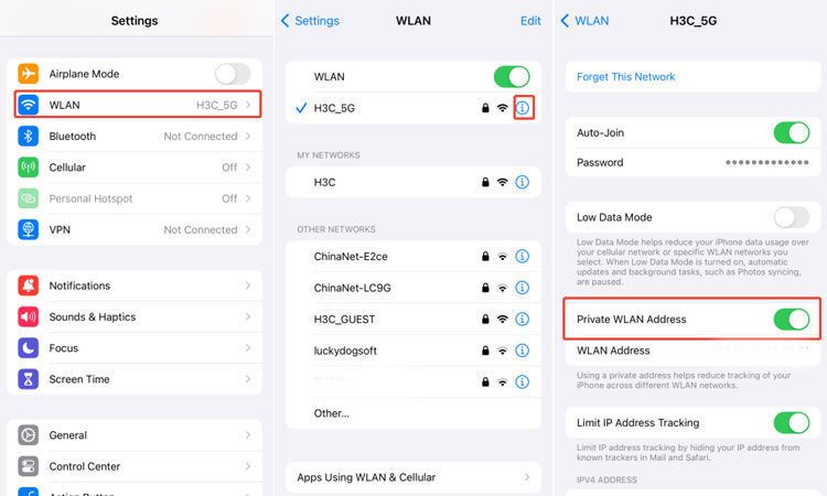 Desactivar la Dirección WLAN privada