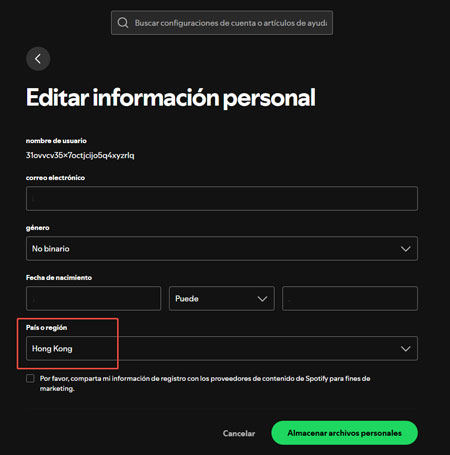 selecciona el nuevo país Spotify