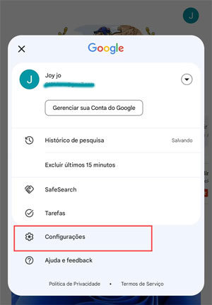 selecione configurações Google celular