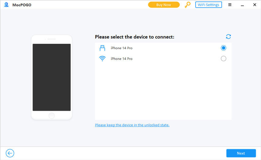 Select Device to connect via wifi