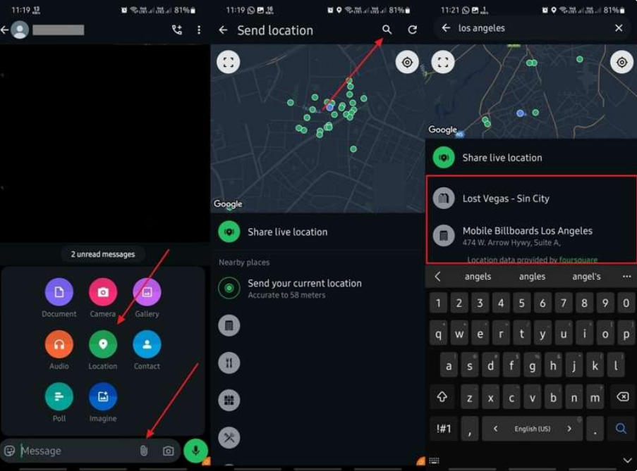 send fak e whatsapp location on android