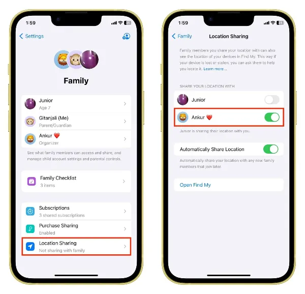 share location on family sharing iphone