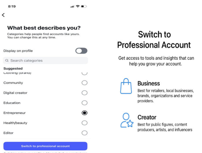 switch to professional account