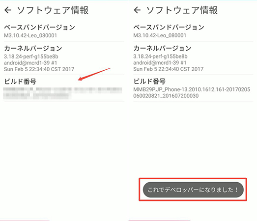 Android ビルド番号を7回連続でタップ