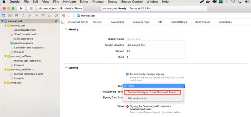 xcode select team